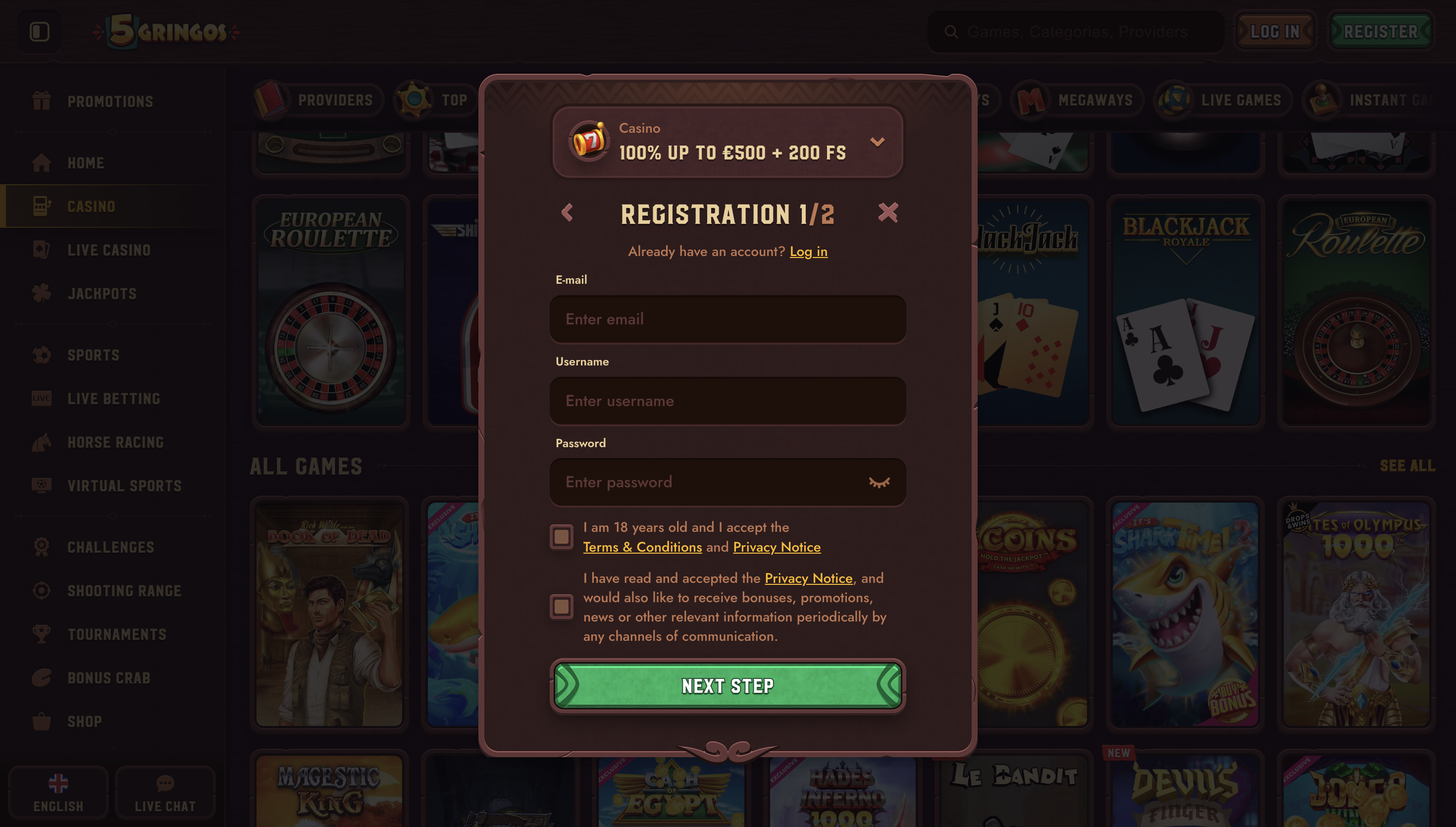 Inscription sur 5Gringos Casino