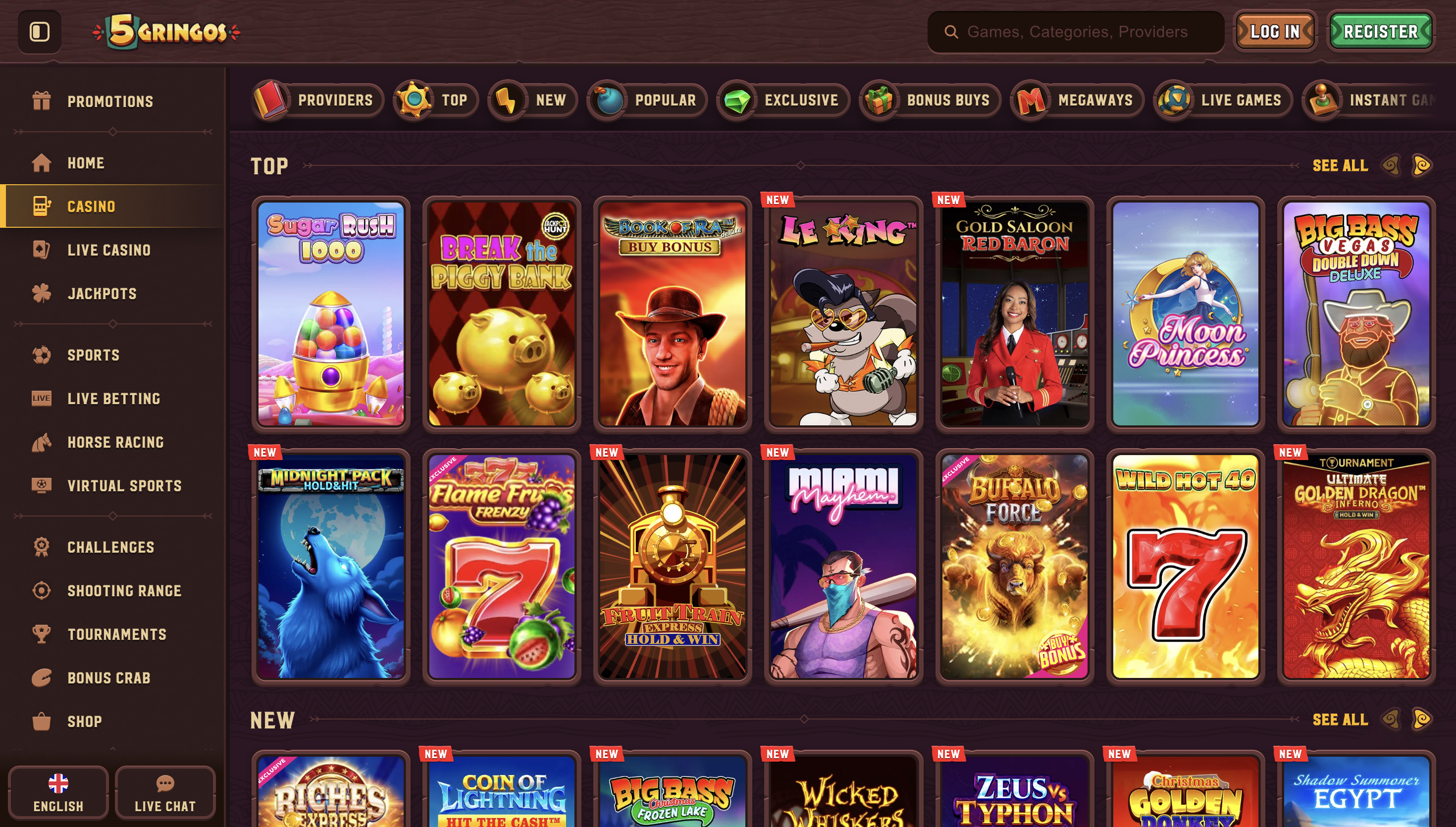 Sélection de jeux 5Gringos Casino